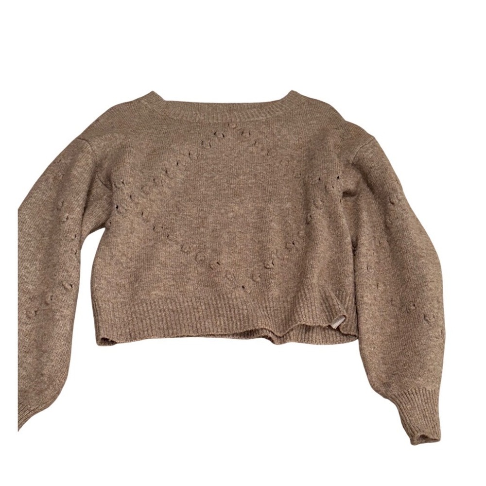 Taupe Pointelle Diamond Knit‎ Cropped Sweater Crew Neck Long Sleeve Pullover